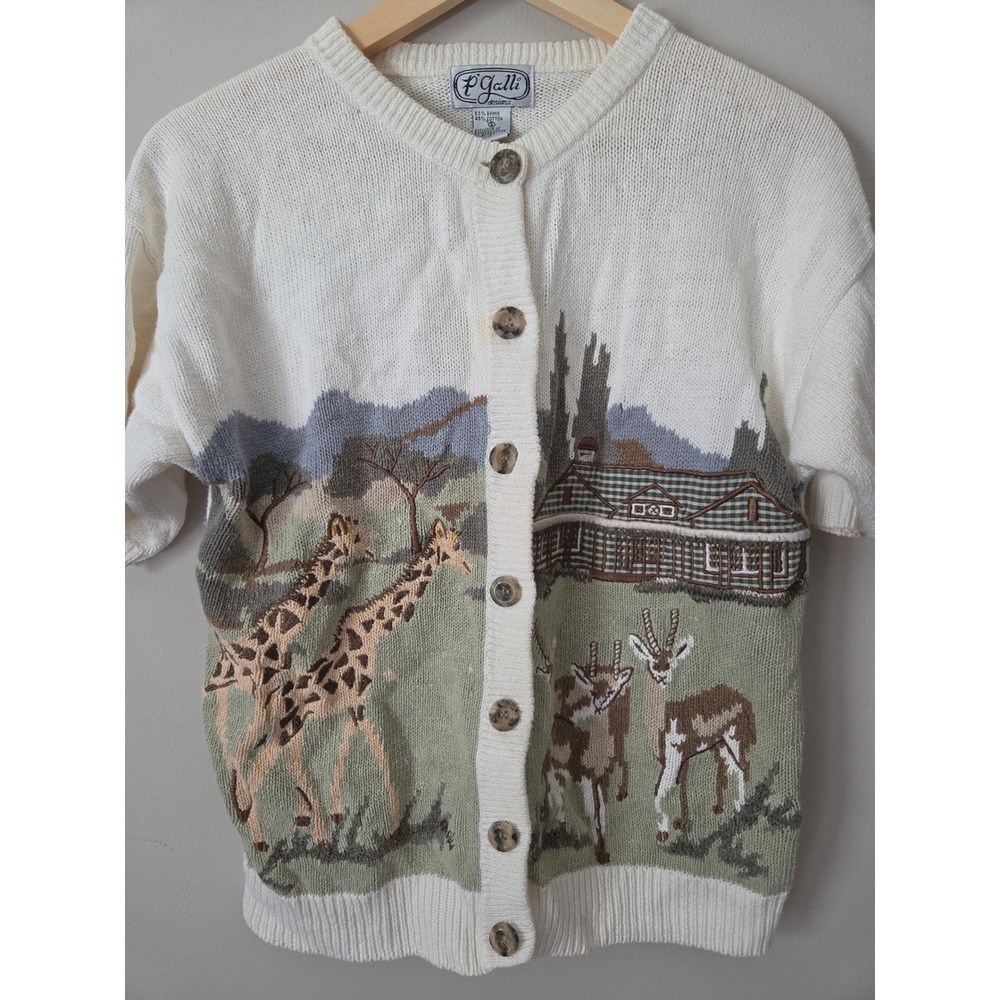 Vintage P Galli Designs Safari Giraffe Gazelle Knit Cardigan Sweater Womens Smal